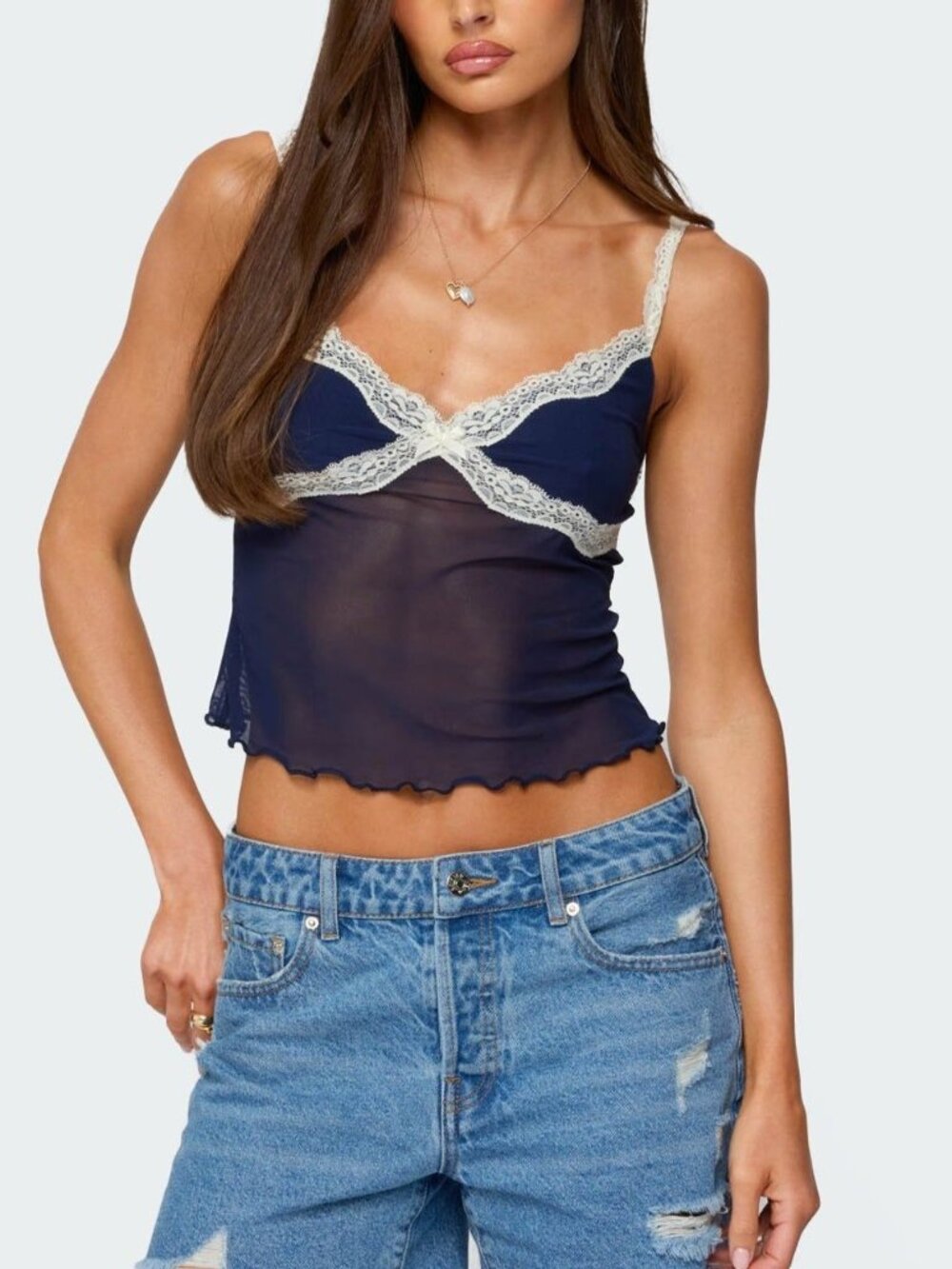 Edikted Navy Mesh Lace Cami Top Coquette Fairycore Size S NWT